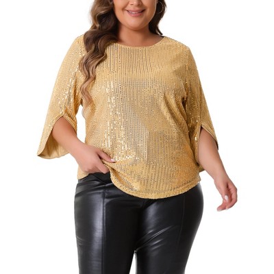 Agnes Orinda Women's Plus Size Christmas Parties Glitter Sequin 3/4 Slit Sleeve Crew Neck Blouse