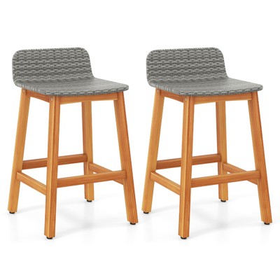 Tangkula Solid Acacia Wood Bar Stools Set of 2 Rattan Bar Height Patio Chairs for Porch