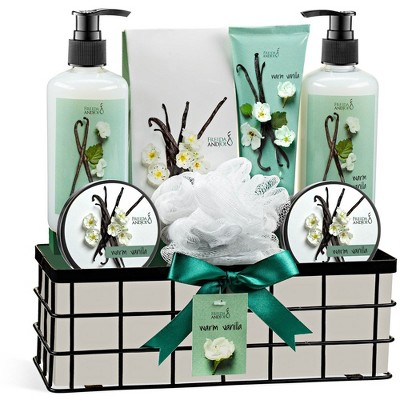 Warm Vanilla Bath and Body Gift Basket for Women & Men 8-Piece Spa Luxurious Bath Set