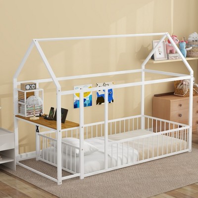 DOMETOUR Twin Size Metal Bed House Bed Frame with Desk, Shelves, Power Outlets and USB Ports, White
