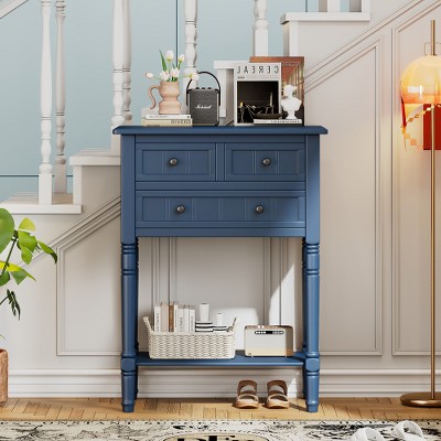 ACEPANO 23.7 in. W Narrow Console Table with Three Storage Drawers and Bottom Shelf-Navy