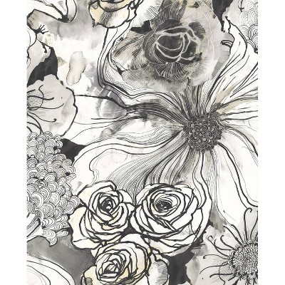 NextWall Harry & Grace Ink Rose Floral Peel and Stick Wallpaper Gray: Self-Adhesive Vinyl, Botanical Pattern, 30.75 Sq Ft Coverage