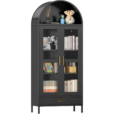 AOBABO Metal arched display cabinet, modern arch kitchen pantry storage cabinet with glass doors/1 drawer for living room, bookshelf