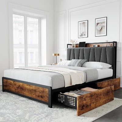 Full Size Platform Bed Frame with Linen Upholstered Headboard, 4 Storage Drawers, Charging Station, No Box Spring Needed