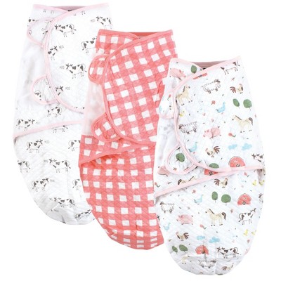 Hudson Baby Infant Girls Quilted Cotton Swaddle Wrap 3pk, Girls Farm Animals, 0-3 Months