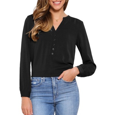 INSPIRE CHIC Women's Long Lantern Sleeve V Neck Button Front Dressy Top