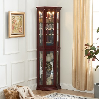 TiramisuBest Corner Curio Cabinet with Lights, Adjustable Tempered Glass Shelves, Mirrored Back, Display Cabinet