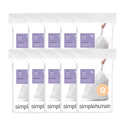 simplehuman Code Q 200 Count, Genuine Custom Fit Liners, Drawstring Trash Bags in Dispenser Packs, 30-35 Liter / 8-9 Gallon, White