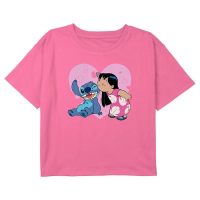 Girl's Lilo & Stitch Valentine's Day Heart and Kisses Graphic Graphic Cropped T-Shirt