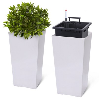 22.5" Tall Planters Set of 2,Outdoor＆Indoor Black Planter Pots,High Front Porch Planter Pots w/Drainage Holes&Water Level Monitor＆Inner Bucket, White
