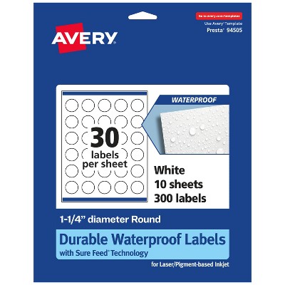 Avery Durable Waterproof Round Labels with Sure Feed, 1.25" diameter