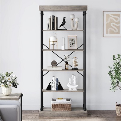 Jojoka 6-Tier Industrial Bookshelf, 73.6" Tall Freestanding Bookcase with Rustic Wood Shelves and Roman Column Legs for Living Room, Bedroom,Gray