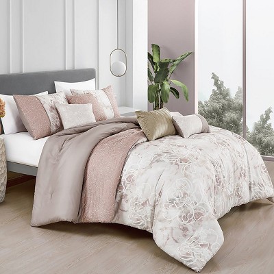 Home Mart Goods 7 Piece Pink & White Floral Comforter Set Embroidery Soft Bedding