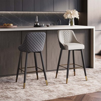 POVISON Modern Bar Height Bar Stools Set of 2, 30" Seat Height PU Leather Bar Stools with Back and Metal Legs,  Gray