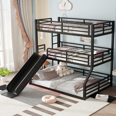 KWPZQEB Triple Bunk Bed with Ladder & Guardrail, Metal Triple Bunk Bed with Slide & Noise-reduced Design,Heavy-duty Bunk Bed, Easy Assembly, Black