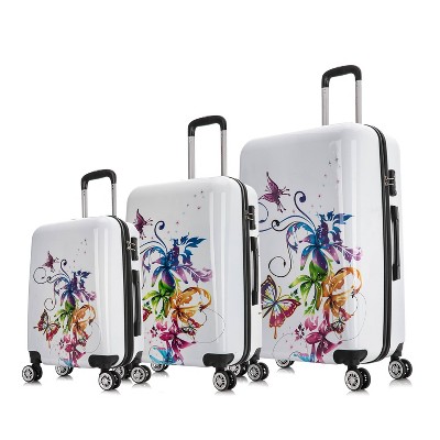 InUSA Large Checked Fusion Print Lightweight Hardside Spinner 3pc Suitcase Set - White