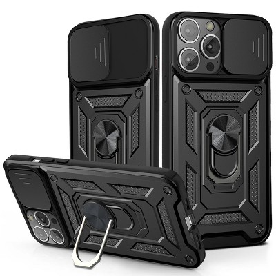 Kickstand Ring Holder & Slide Camera Cover Magnetic Car Mount for APPLE IPHONE 13 PRO MAX In Black