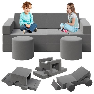 Kids Couch for Building Fort Toy,13pcs DIY Toddler Sofa,Velvet Toddler Futon Sofa Bed for Playroom, Bedroom,Grey