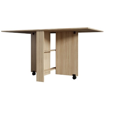 Maliang Folding Dining Table, Versatile Dinner Table with 2 Wheels and 2 Storage Racks, Pear Wood Color