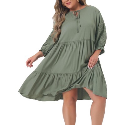 Agnes Orinda Women's Plus Size Flowy Casual Tie V Neck Lace Sleeve Ruffle Hem Midi Babydoll Dresses