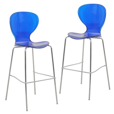 LeisureMod Oyster Acrylic Barstool Set of 2 with Chrome Steel Frame, Modern Clear Bar Height Chairs for Kitchen Island or Home Bar