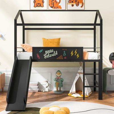 NicBex Twin Size Bunk Bed Classic House Shape Loft Bed Metal Bed Frame with Blackboard, Guardrails, Slide and Ladder, No Box Spring Required