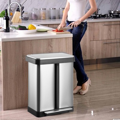 16 Gallon/60 L Dual Compartment Trash Can, Stainless Steel Garbage Can with Soft-Close Lid and 2 Plastic Removable Inner Bucket for Kitchen, Office