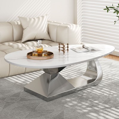Modern Oval Coffee Table with Faux Marble Sintered Stone Top and Stainless Steel Base for Living Room-The Pop Home