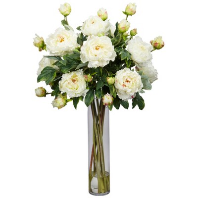 Nearly Natural Peony with Cylinder Artificial Flower Arrangement, White