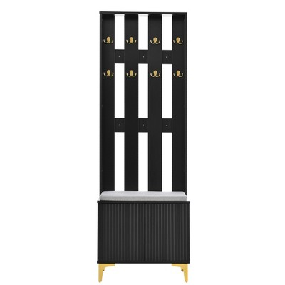 CLIHOME Modern Entryway Bench 4-in-1 Hall Tree with Cushion, Versatile Coat Rack with 8 Gold Hooks & Adjustable Shelves