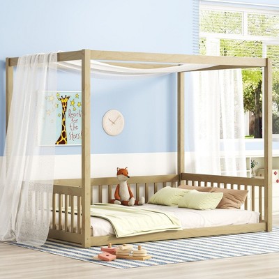 NicBex Twin/Full Size Kids Montessori Bed with Canopy Frame,Floor Bed with Guardrails Design,Toddler bed for Bedroom Playroom,Gray/White/Brown