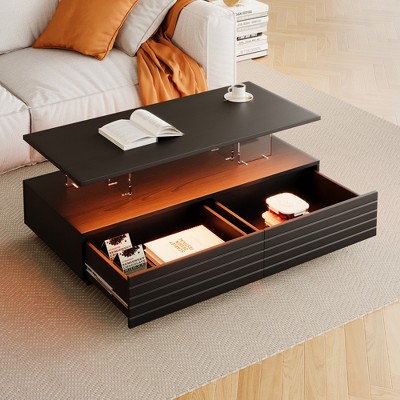 TIRAMISUBEST Modern Rectangular Coffee Table with 2 Storage Drawers and LED Lights, Center Table Cocktail Table with Open Shelf