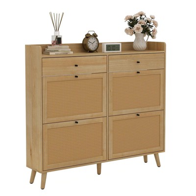 Shoe Cabinet with 4 Rattan Flip Drawers & 2 Drawers, Hidden Freestanding Shoe Storage Organizer