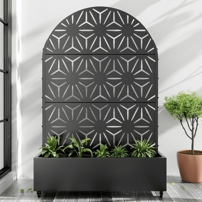 Wooakway 47"W×72"H Black Arch Metal Planter Box with Trellis Raised Garden Bed with Arbor Privacy Screen with Wheels