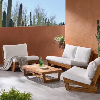 Christopher Knight Home Emma Outdoor Acacia Wood 4 Seater Chat Set with Cushion