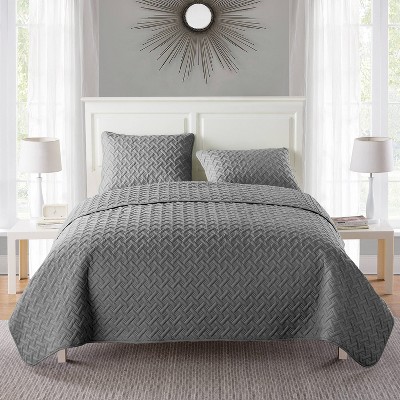 VCNY 3pc King Nina Embossed Basketweave Quilt Set Gray: Hypoallergenic, Microfiber, Transitional Style
