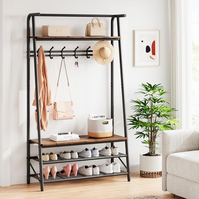 Whizmax 4-in-1 Entryway Organizer - Shoe Bench with 5/6 Hooks & Storage, Wood-Look Hall Tree with Metal Frame for Hallway, Multifunctional