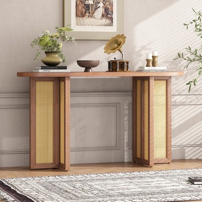 TIRAMISUBEST Rustic Curved Console Table with Rattan Legs, Narrow Side Entryway Table, Wood Sofa Table