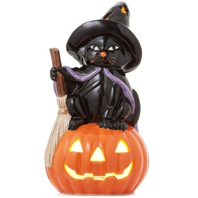 Casafield Ceramic Halloween Black Cat on Pumpkin, Hand Painted 13-Inch Pre-Lit LED Jack-o-Lantern Pumpkin Tabletop Decor