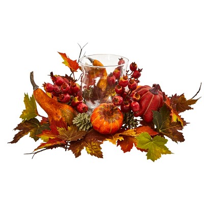 Nearly Natural Pumpkin, Gourd, Berry and Maple Leaf Artificial Arrangement Candelabrum