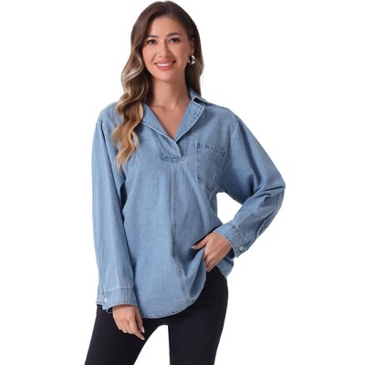 Allegra K Women's Denim Pullover V Neck Collared Long Sleeve Casual Jean Blouse