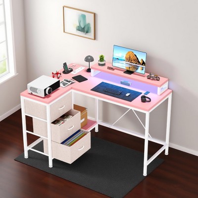 Jojoka L Shaped Home Office Desk with Power Outlets, Computer Desk with Monitor Stand, Storage Shelves, Drawers