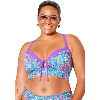 Swimsuits for All Longline Bra Sized Lettuce Trim Bikini Top (Plus Sizes Available)