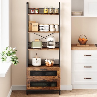 Bookshelf with 2 Drawers, 4-Tier Industrial Bookcase with Metal Frame, Rustic Farmhouse Bookshelves Storage & Display Rack for Bedroom, Living Room