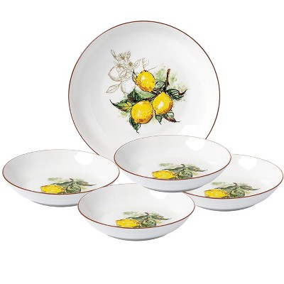 Lorren Home Trends 5 Piece Porcelain Pasta Set, 1 Serving Bowl and 4 Individual Bowls,  Lemon Design