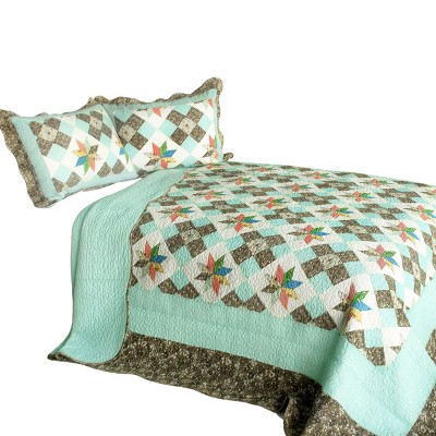 Slickblue 3PC Cotton Vermicelli-Quilted Patchwork Quilt Set, Full/Queen Size with 2 Shams, 12 Patterns