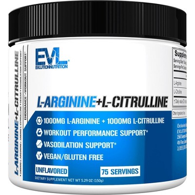 Evlution Nutrition L-Arginine + L-Citrulline - Vasodilation Support - Unflavored - 75 Servings
