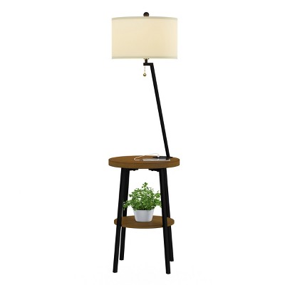 Hastings Home Floor Lamp with Table, Shelves, USB Charging Port and Drum Shade