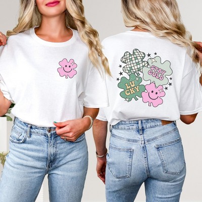 Simply Sage Market Women's Stay Gold Lucky Shamrocks Front and Back Short Sleeve Graphic Tee