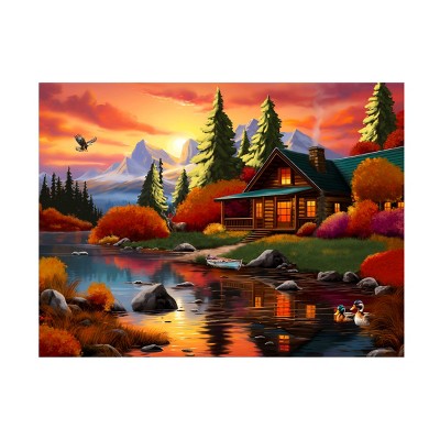 Trademark Fine Art - Stewart Peaceful Cabin Sunset Canvas Art